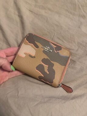 Coach Camouflage Zip Wallet in Brown, Tan and Pink Trim